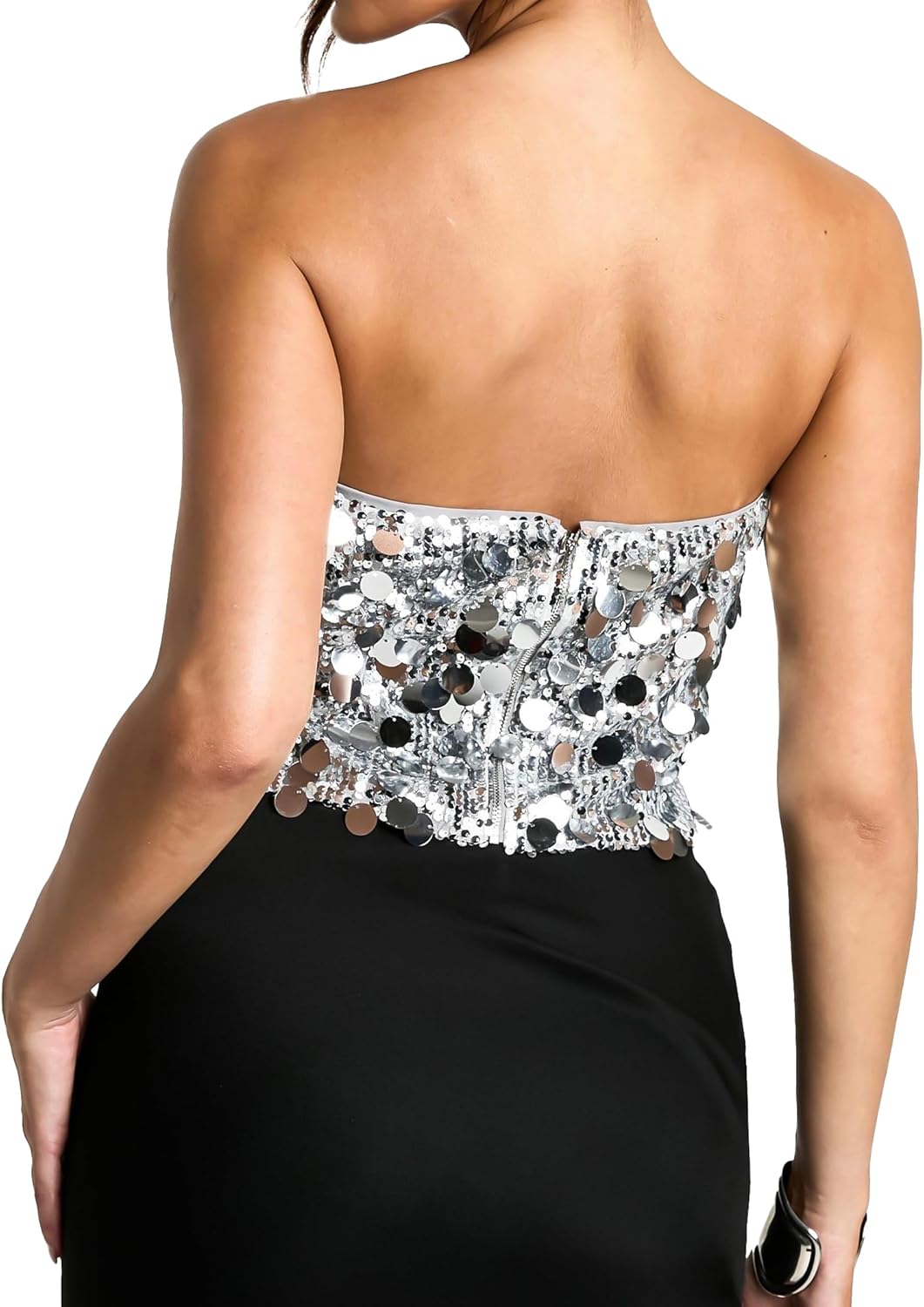 YYA Women's Silver Strapless Sequin Cowl Neck Crop Top Sleeveless Cami Tank Tops, S-XL - Image 4