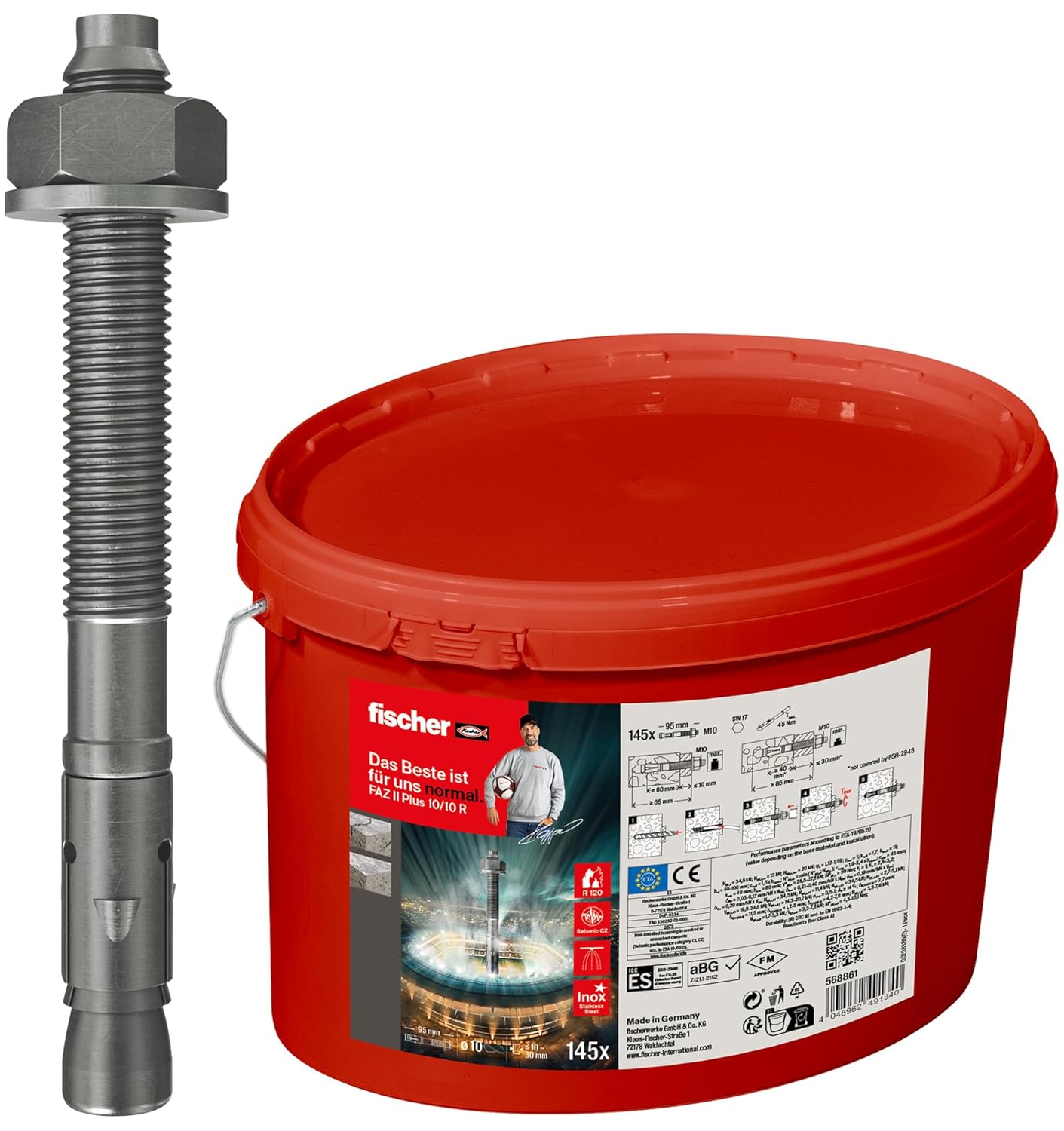 fischer FAZ II Plus 10/10 R Bolt Anchor in Bucket, Heavy Duty Anchor with High Load Capacity, Anchor Bolt for Fixings Heavy Loads and Steel Structures, Stainless Steel, Seismic & ETA Approval