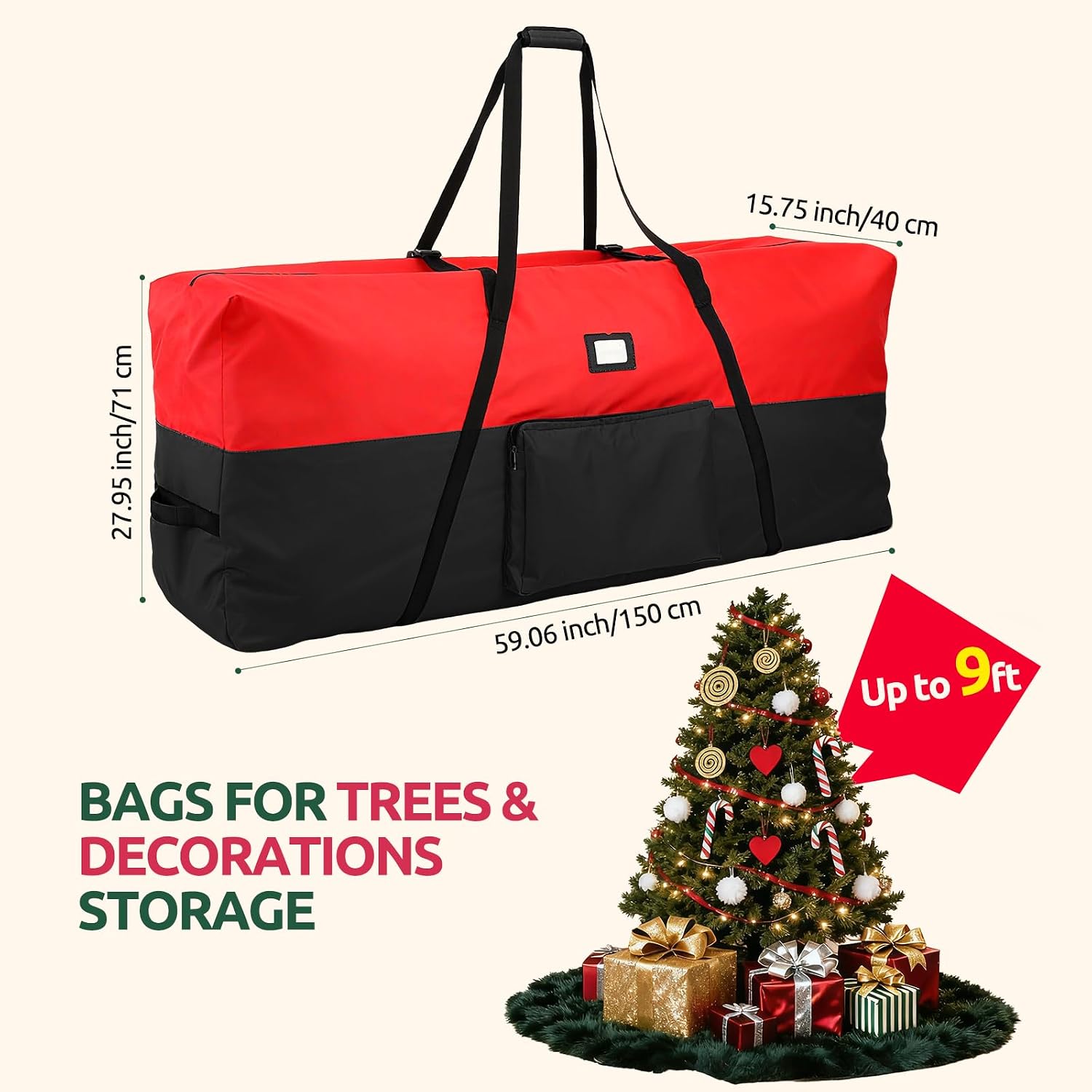 YAFF 9 ft Christmas Tree Storage Bag, 600D Oxford Fabric, Black and Red image 2