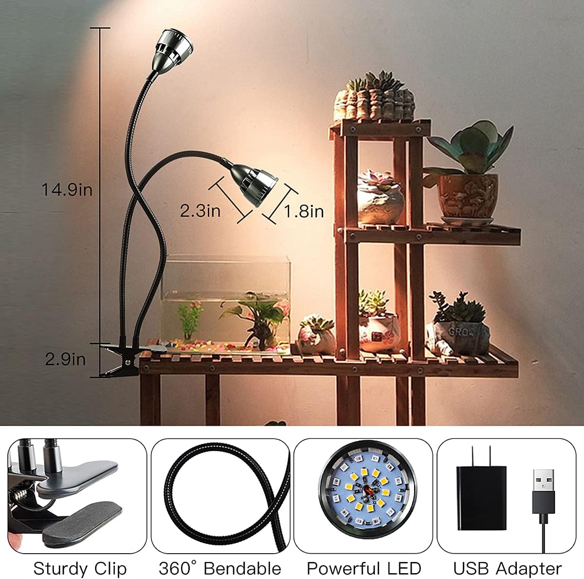 Grow Light for Indoor Plants Growing, Juhefa Gooseneck Clip-on Plant Lamp for Seedlings Succulents Seed Starting,3 Modes & 10-Level Brightness with Timer 3 9 12 Hrs