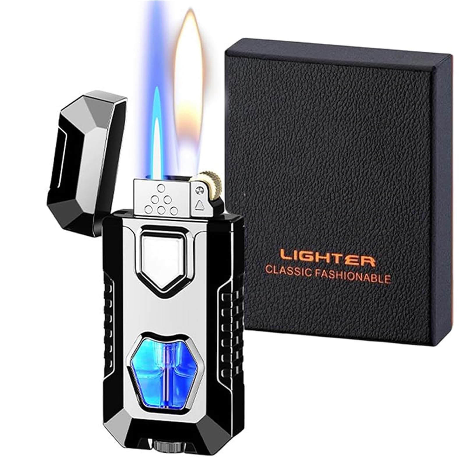Metal Windproof Dual-Flame Lighter — Switchable Flames, Visible Fuel Chamber — A Gift for Men