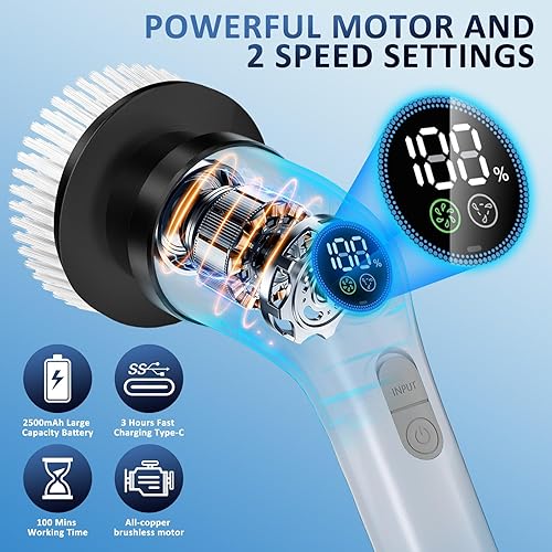 Miniatura 7 de Limpiador eléctrico giratorio con batería mejorada con tiempo de funcionamiento extra largo, limpiador de energía impermeable IPX7 con 7 cabezales