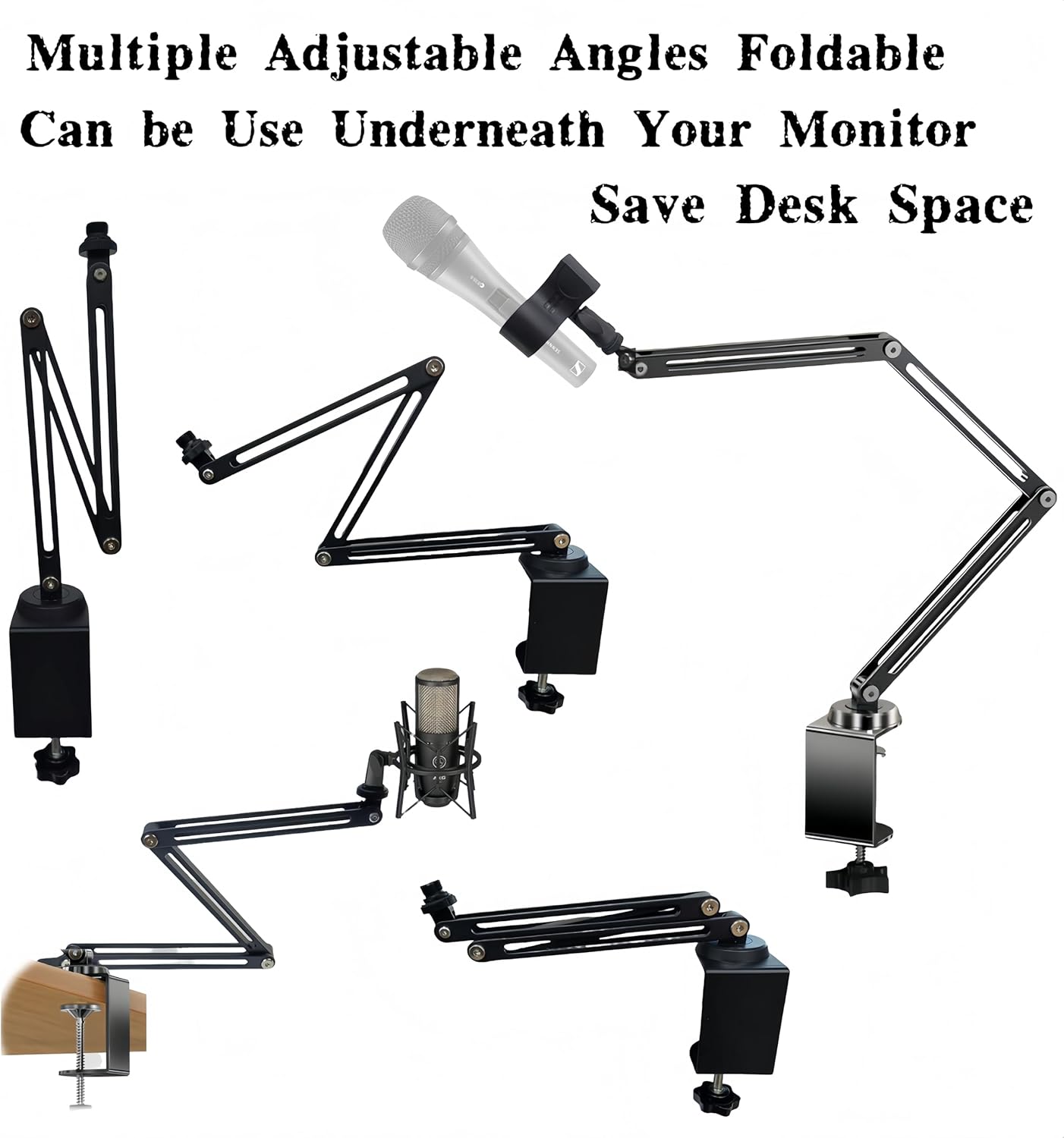 Low Profile Mic Boom Arm Stand 360° Rotatable Adjustable Compact and Foldable Table Microphone Arm Holds 2.5kg with 3/8" to 5/8" Screw Adapter for Game Streaming Podcast Broadcast (C Clamp Mount)