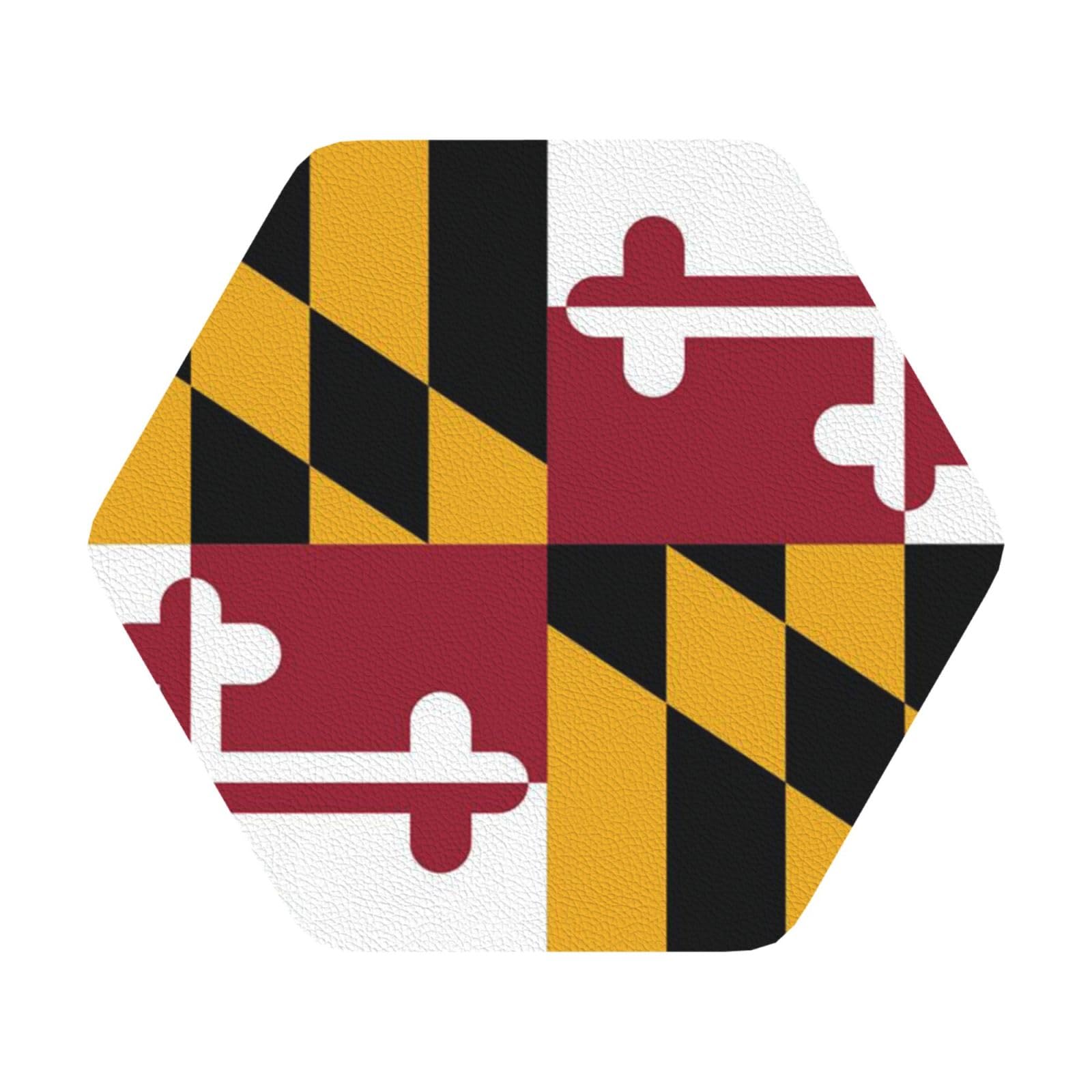 Flag of Maryland PU Leather Coasters Set of 6 Hexagon Drink Coasters