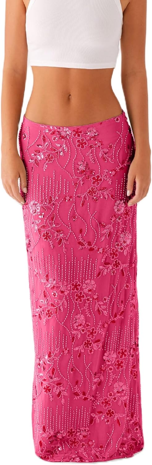 Women Sequin Bead Maxi Skirt Y2K Sparkly High Waist Bodycon Skirt Night Out Party Glitter Long Skirt