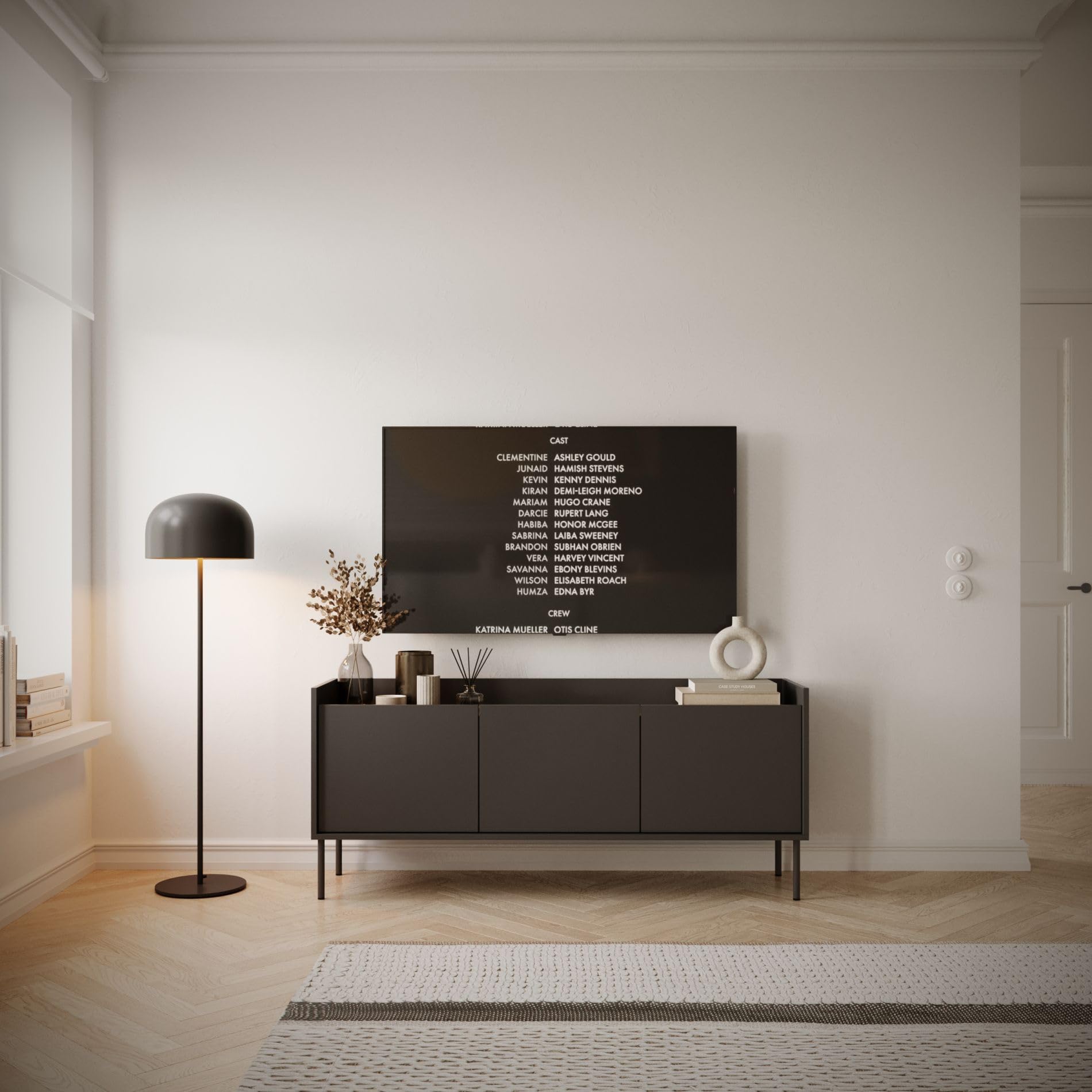 Selsey Mobile TV Moderno Design Minimalista Nero 140 cm Mobile Porta TV Soggiorno Opaco con Gambe Metalliche, Ripiani Spaziosi Prodotto in Polonia