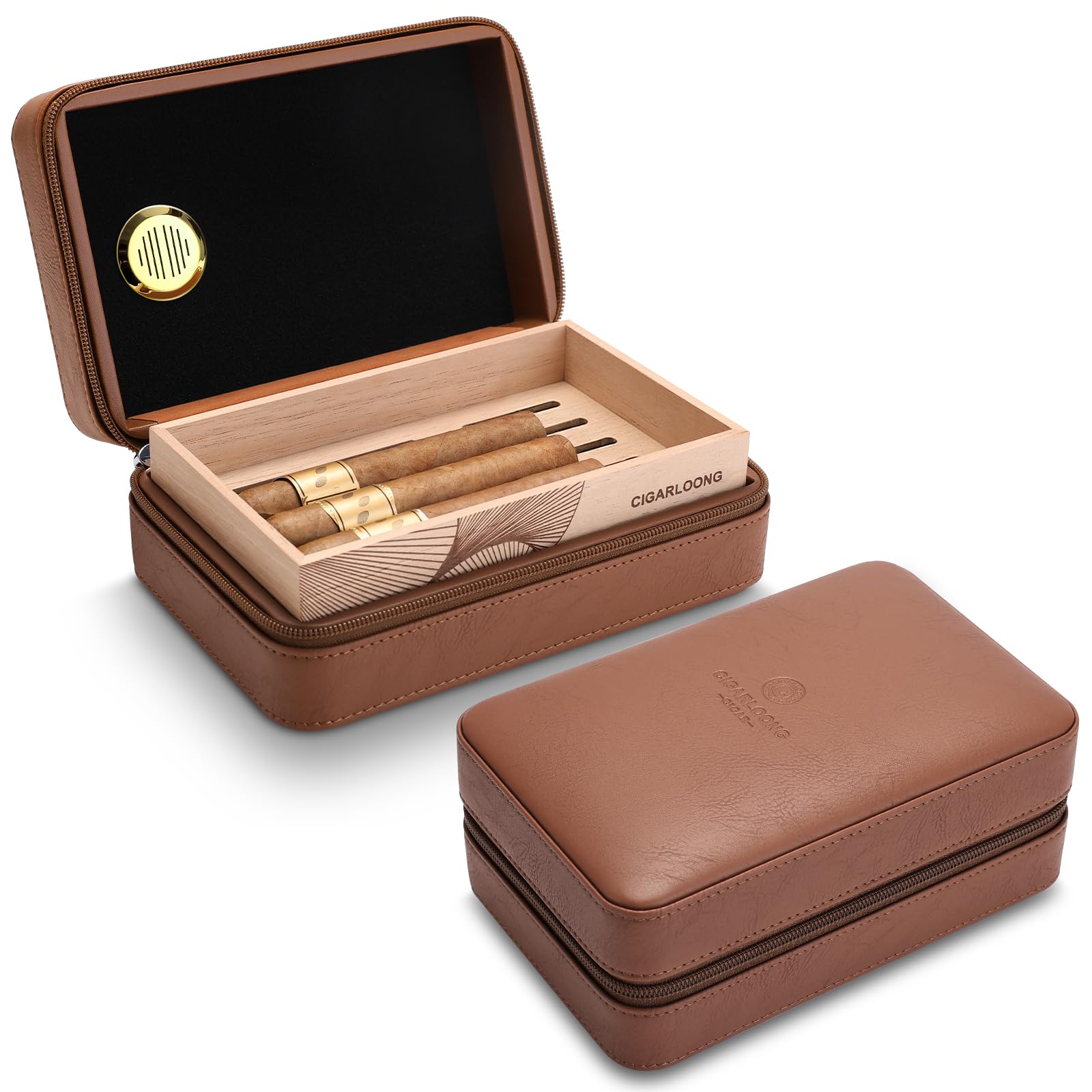 Tragbare zigarren humidor Leder,Reise Zigarrenetui Röhre für 10 Zigarren mit 2 Zedernholzschichten & eingebautem Befeuchter für Zigarrenliebhaber (Braun)