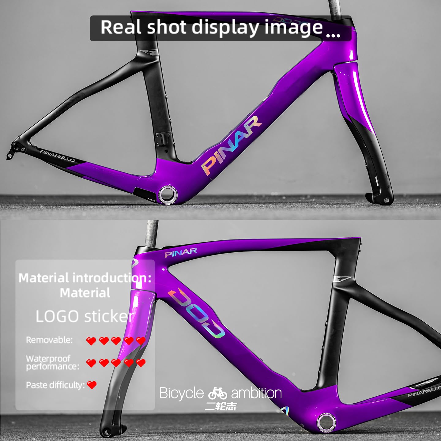 Für Pinarello Dogma F 2023 Rennrad, Farbwechsel-Rahmen-Logo-Aufkleber, UV-beständig, präzisionsgeschnitten (Hellschwarz) Spielzeug