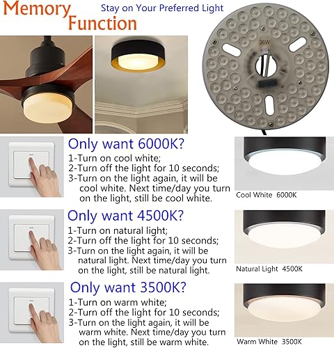 Miniatura 5 de Kit de luz LED de ventilador de techo de 36 W y 6.4 pulgadas, panel de luz LED de repuesto, motor de luz LED con función de memoria de temperatura