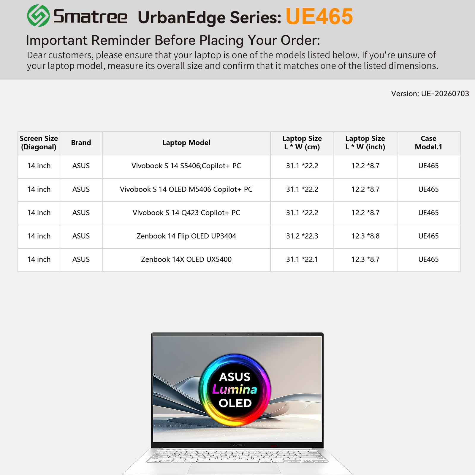 Smatree UrbanEdge Etui na laptopa do 14 cali ASUS Vivobook S14 S5406/ OLED-M5406/Q423;Zenbook 14 Flip OLED UP3404/14X OLED UX5400,z kieszenią na akcesoria(UE465)