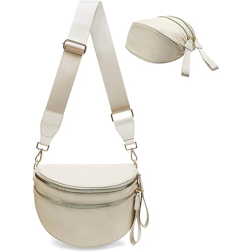 Bum Bags for Women Nylon Crossbody, Spacious Fanny Packs Belt Bag Large Sling Bag with Adjustable Strap (Beige)