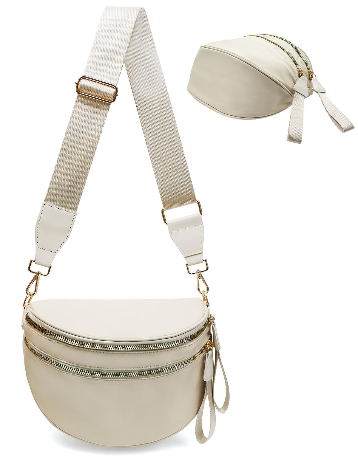 Bum Bags for Women Nylon Crossbody, Spacious Fanny Packs Belt Bag Large Sling Bag with Adjustable Strap (Beige)