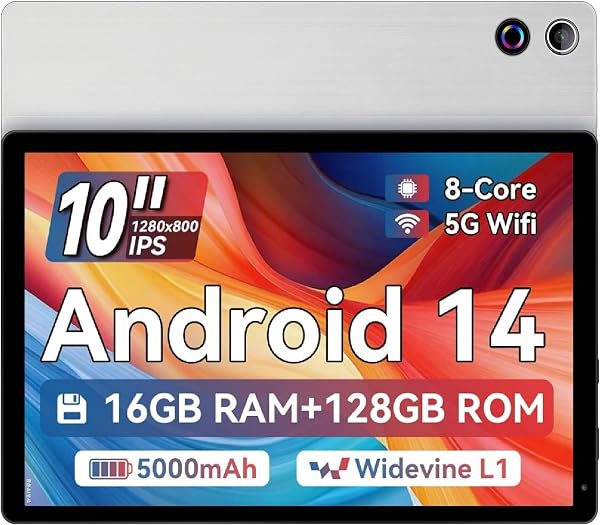 10 Inch Android 14 Tablet, 16GB RAM, 128GB ROM (Expandable to 1TB), Octa-Core Processor, 1280 * 800 IPS HD Touchscreen, 5G/2.4G WiFi, BT 5.0, Dual Camera, 2 Speaker (Silver) - 1