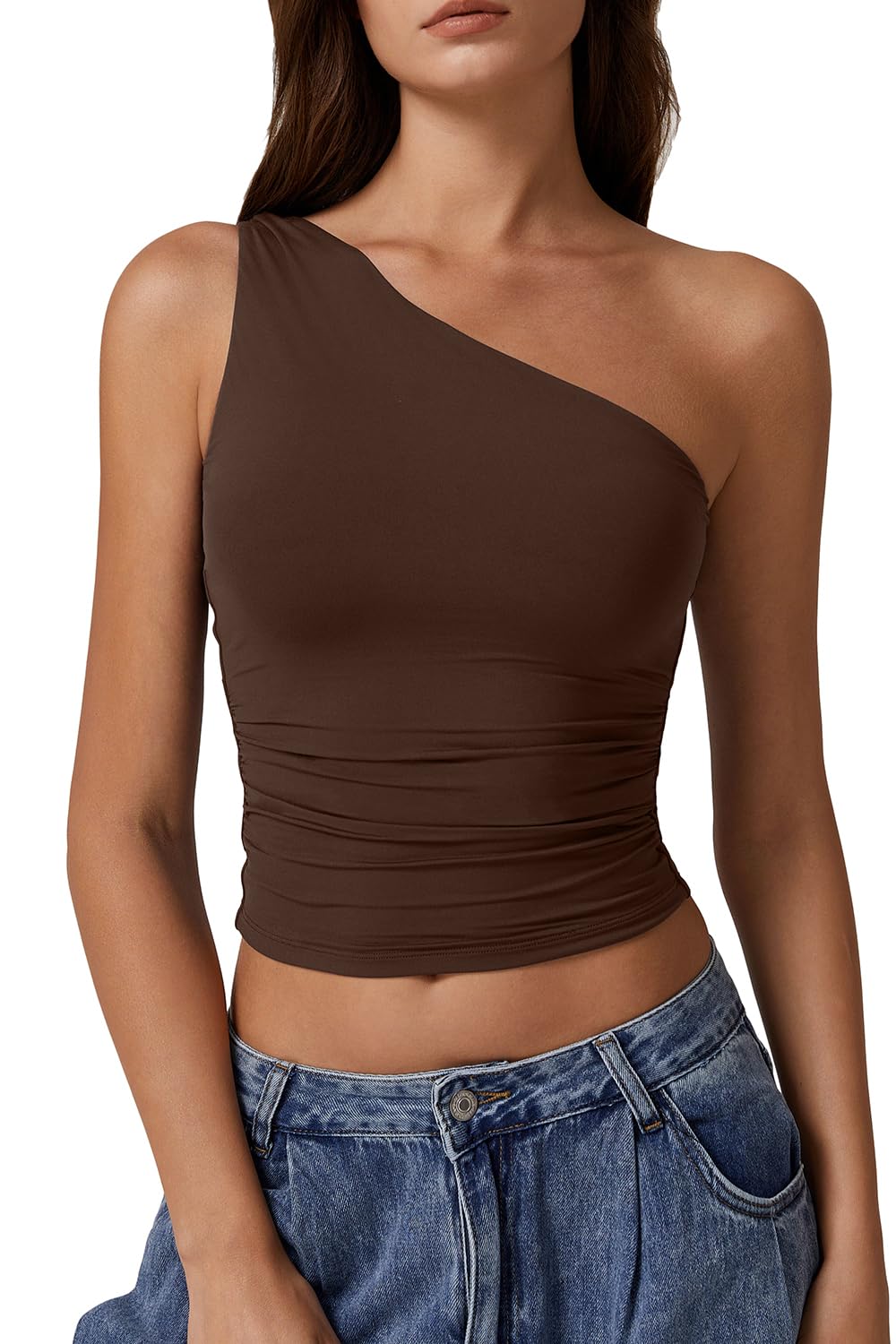 QINSEN Womens One Shoulder Tank Tops Double Lined Sleeveless Slim Fit Cropped Tee Shirt Y2k Tops