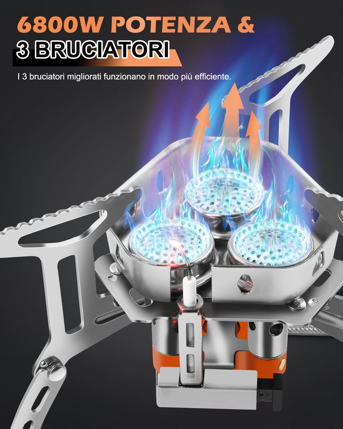 AUTOPkio 6800W Fornello da Campeggio, Portatile Antivento Stufa Campeggio | con 3 Teste di Bruciatore Piezoelettrica, Fornellino a Gas da Campeggio per Outdoor Picnic Trekking