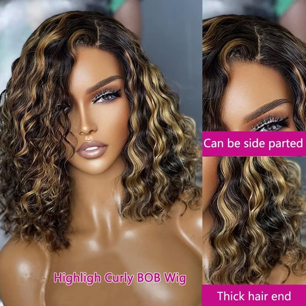 Ombre Highlight 13X6 HD Lace Front Wig Human Hair Honey Blonde Short Loose Deep Wave Human Hair Wigs #4/27 Ombre Colored Glueless Curly Wigs Pre Plucked Real Brazilian Remy Hair Wigs 150% Density
