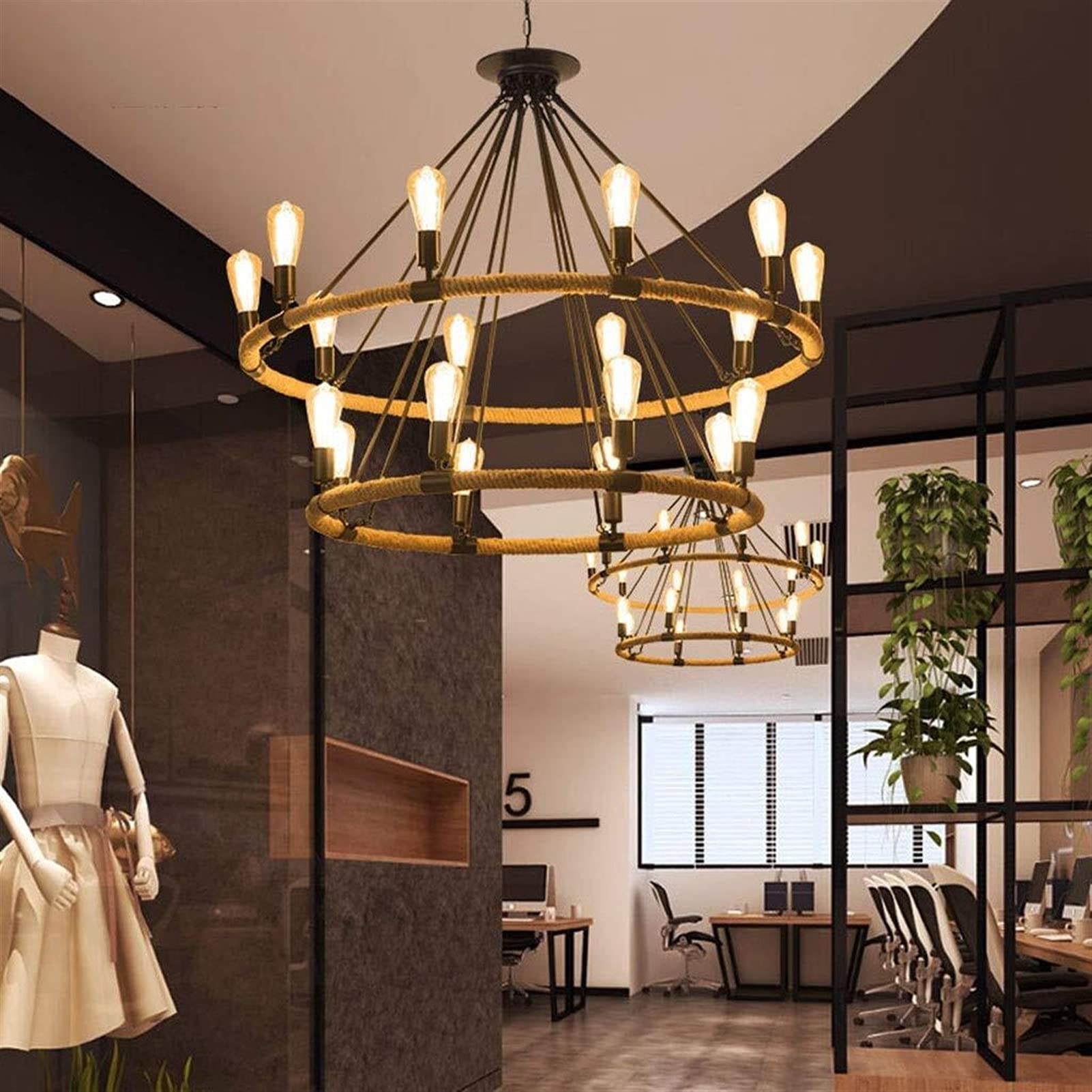 Lampadario in corda di canapa intrecciata a mano, illuminazione a più teste, mobili in ferro battuto, a doppio strato, rotonda, per libreria, hotel, luci decorative retrò.