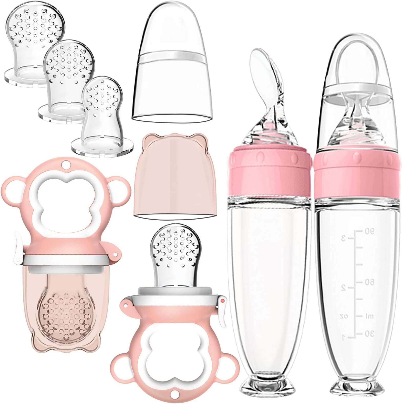 2 Pack Baby Food Dispensing Spoon, 2 Pack Baby Food Feeder with 3 Different Sized Silicone Teething Pacifiers, Baby Fruit Feeder (Pink)