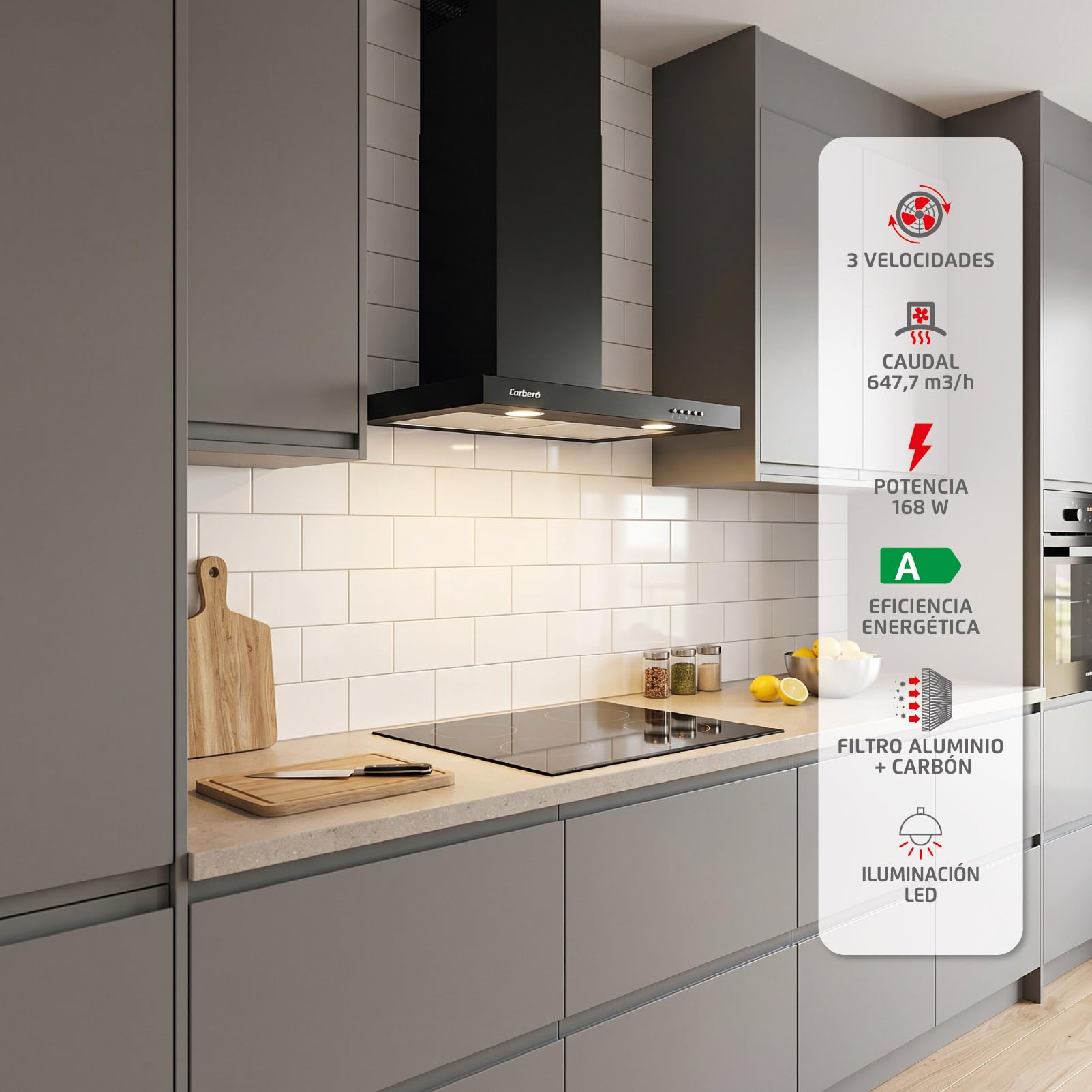 Corberó - Dekoracyjny dzwonek poziomy 60 cm | VOSTOK660B | 647,7 m3/h Przepływ | 165W | 3 prędkości | 2 filtry aluminiowe i węglowe | Efektywność energetyczna A, czarny