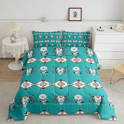 Erosebridal Juego de ropa de cama azteca tamaño individual, diseño de plumas del suroeste, relleno de edredón exótico de calavera de toro para niños