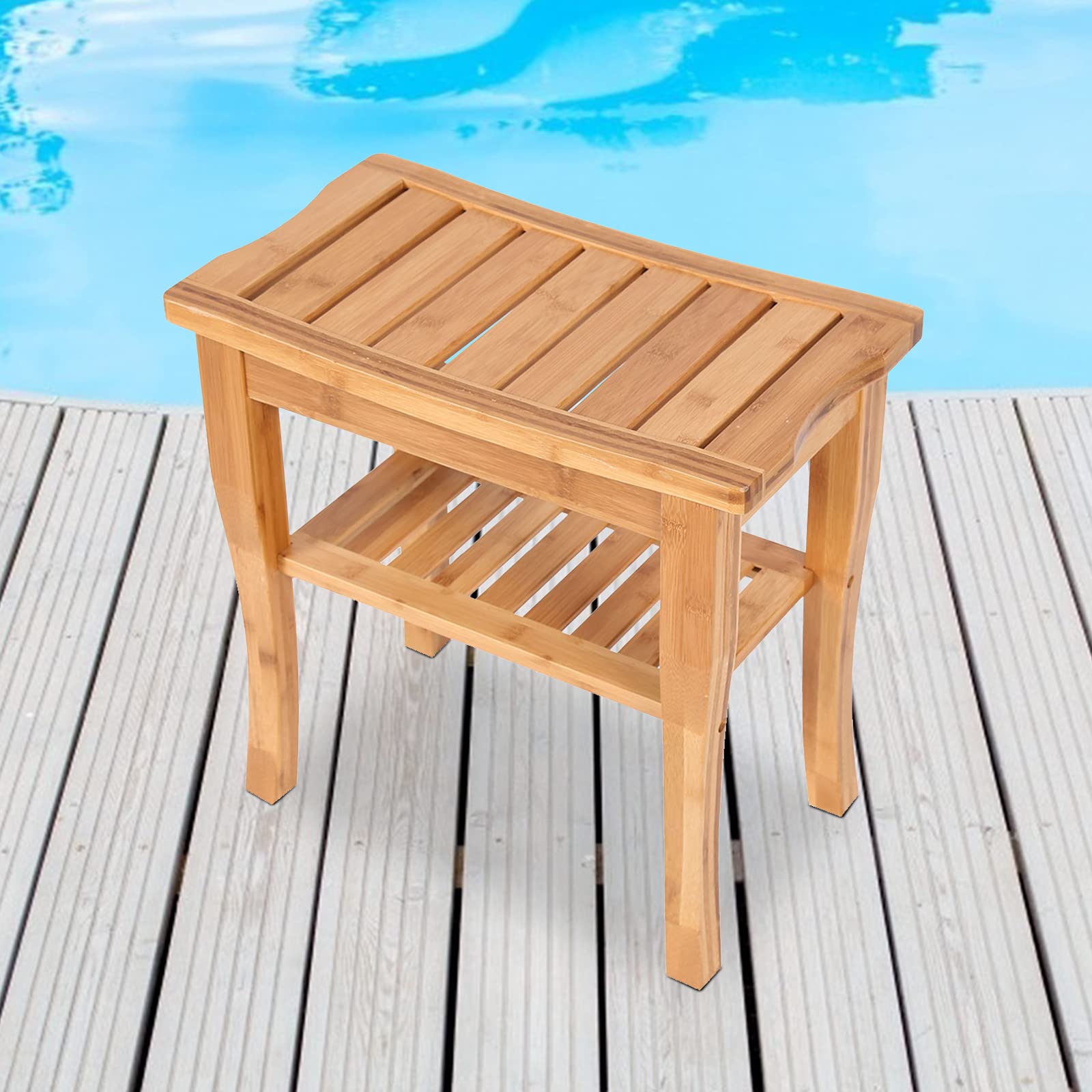 kinborBamboo Shower Bench Stool with Storage Shelf for Foot Rest/Shaving Legs/Spa, Indoor & Outdoor Shower Bath Seat Chair for Bathroom Living Room Bedroom Garden Yard Leisure