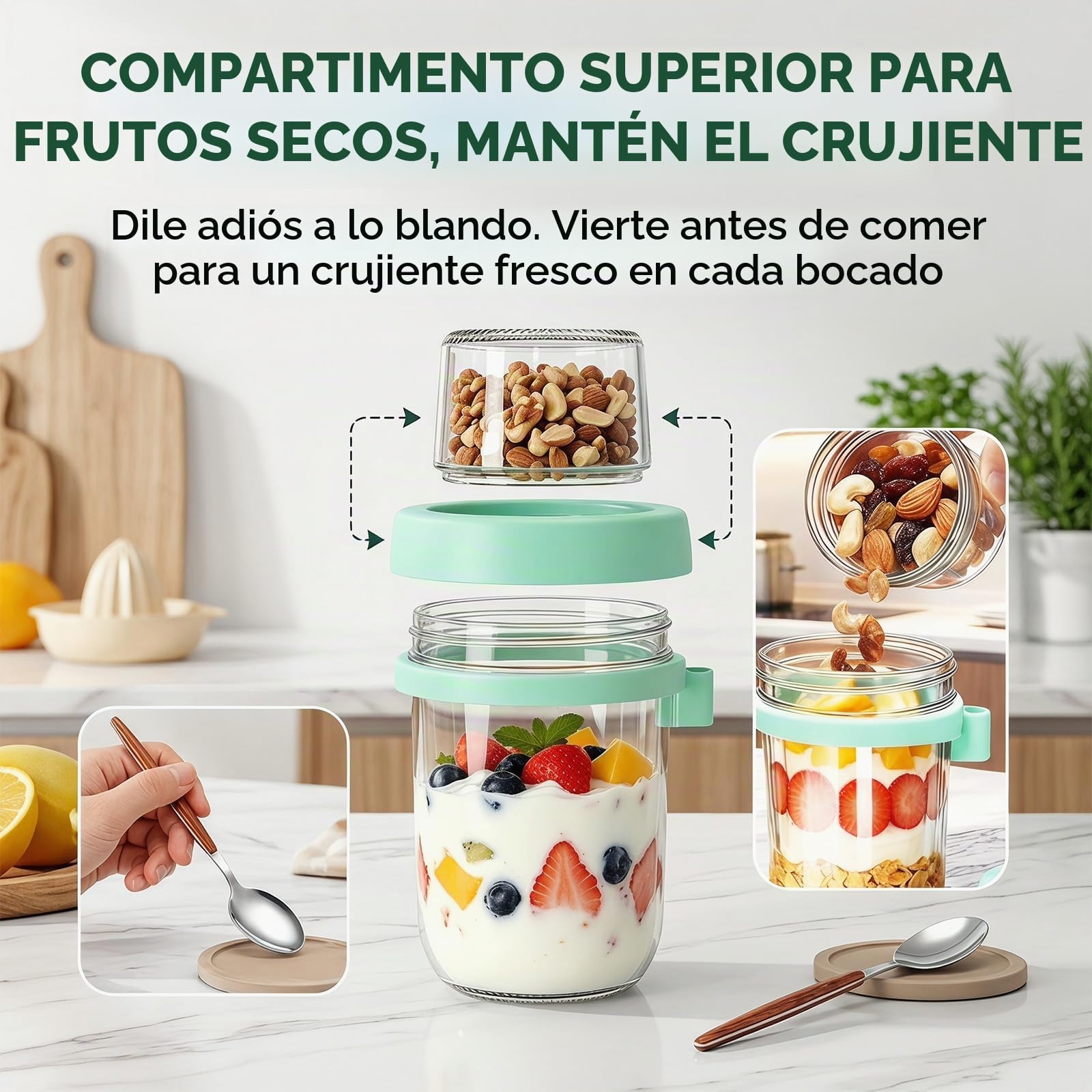 CEWROM Juego de 4 vasos de cereales para llevar, 480 ml de vidrio de avena con tapa, recipiente de cristal de doble pared con tapa, vaso de yogur para llevar y taza de cereales, adecuado para el