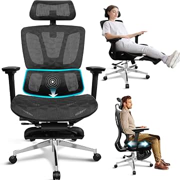 Silla de Oficina Ergonómica con Reposapiés, Reposabrazos 4D, Profundidad de Asiento Ajustable, Inclinación de 4 Niveles, Respaldo Alto, Silla de Escritorio 150 KG, Malla Transpirable