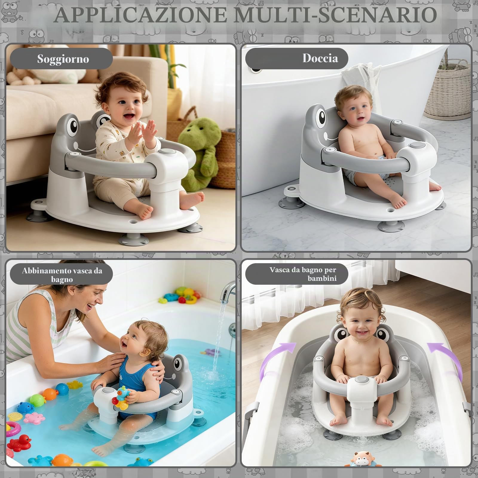 Bambino Seggiolino da Bagno,Seggiolino Doccia Bimbo,Seggiolino Vasca da Bagno Bambino,Seggiolino da Bagno con 4 Ventose,per Bambini a Partire da 6 Mesi per Doccia o Vasca da Bagno - Grigio