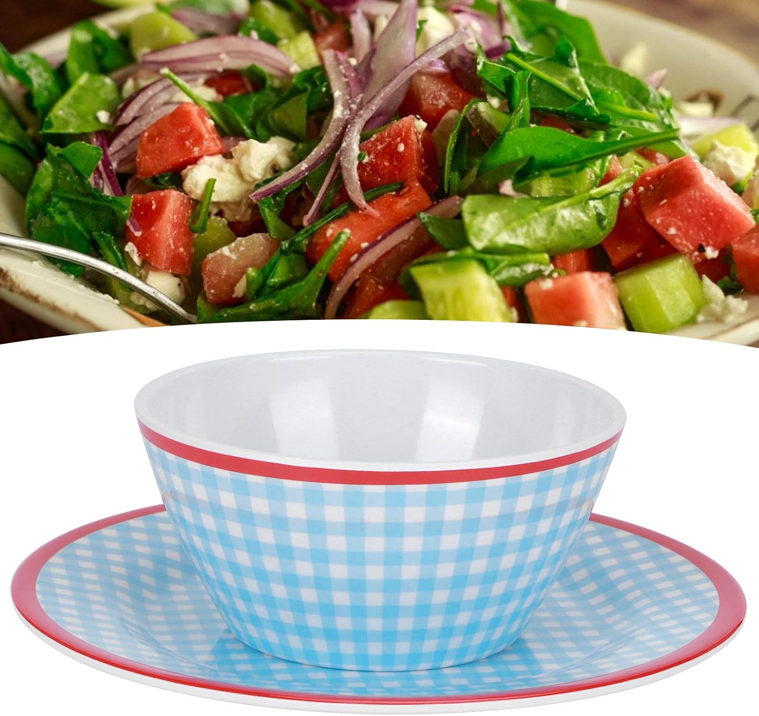 Blue Grid Pattern Salad Bowl and Dish Set, 4Pcs Imitation Porcelain Tableware, Snack Plate Dessert Dish Pastry Tray, Includes 2 Bowls and 2 Plates, and