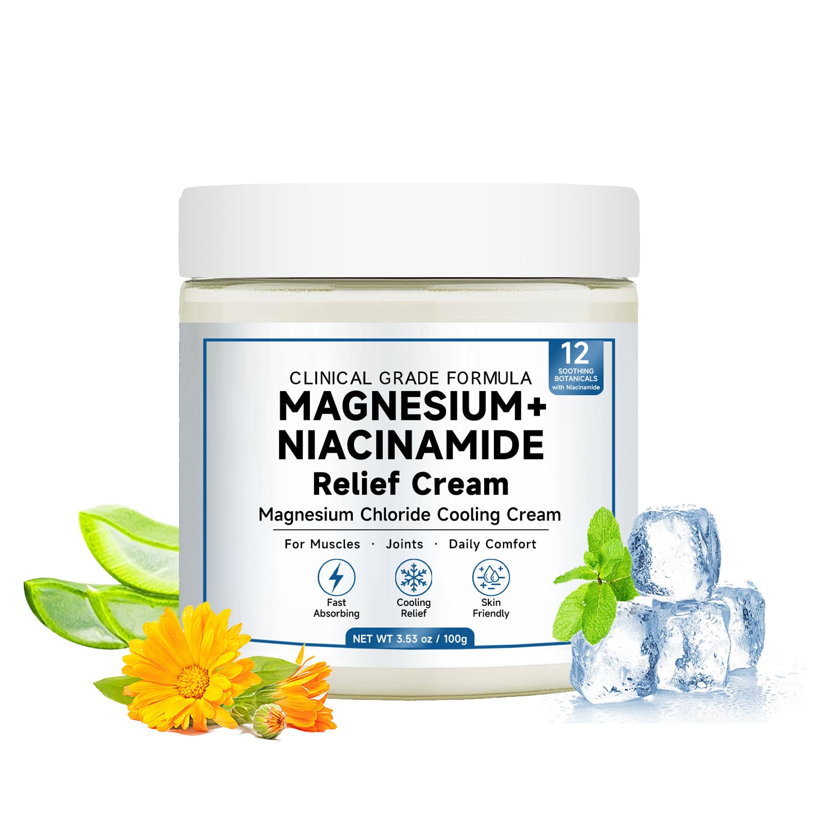Kaminii Magnesium F Crème de soulagement à la niacinamide – Crème de magnésium pour les articulations, les jambes, les pieds, 12 ingrédients pour le soulagement, formule rafraîchissante à action