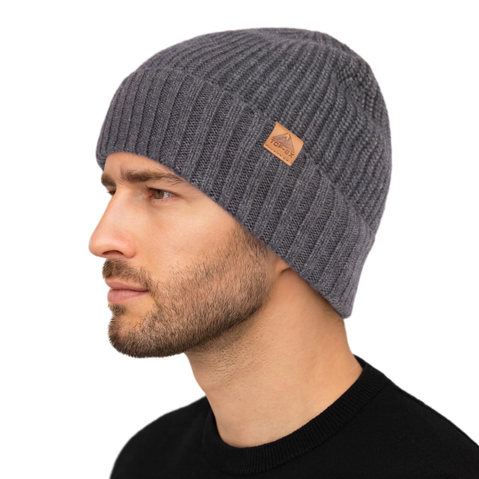 TOP-EX Bonnet d'hiver en laine mérinos XL/XXL - Bonnet tricoté chaud avec poignets et doublure polaire - Bonnet extensible unisexe pour homme et femme - Cadeau pour les jours froids