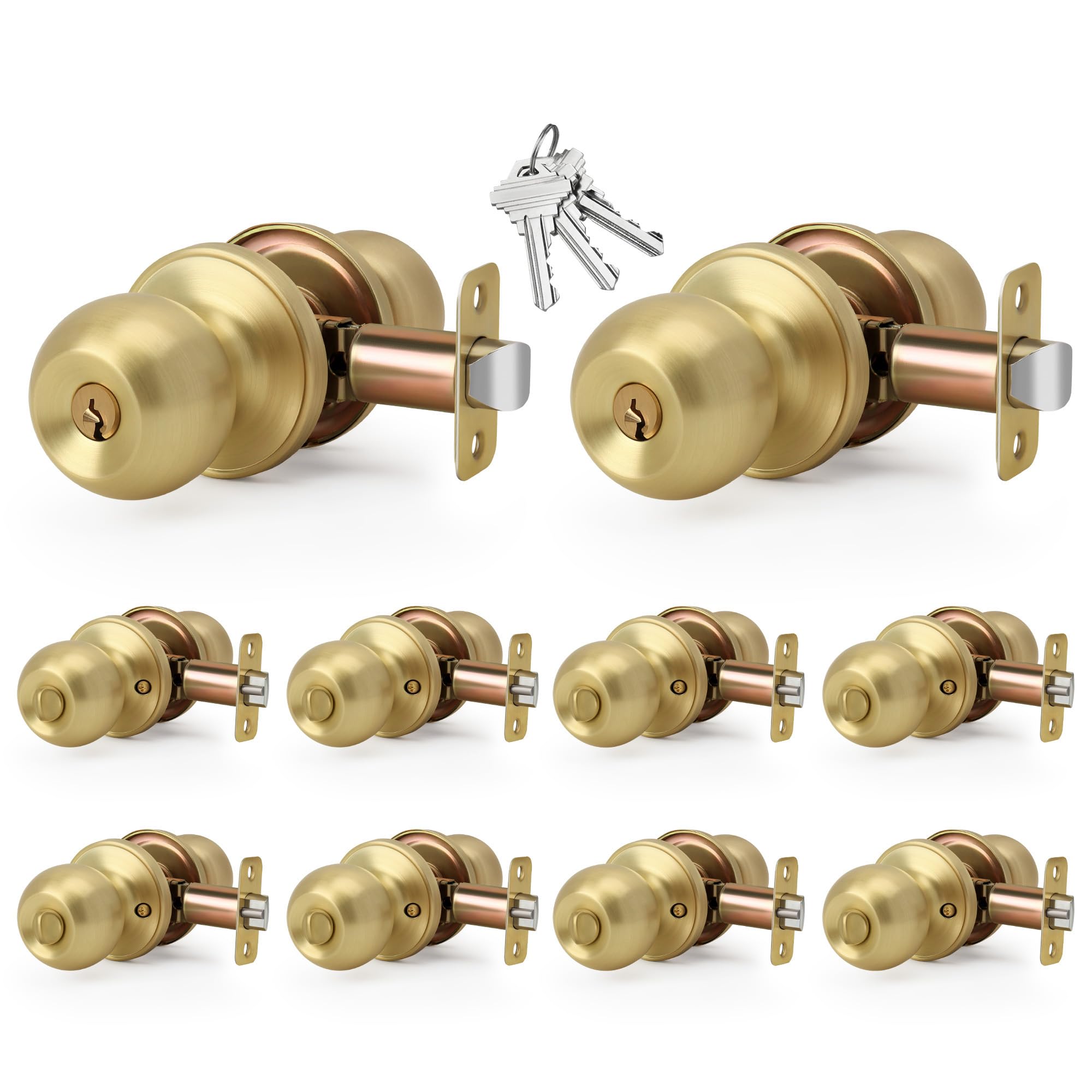 LOQRON Brushed Gold Keyed-NOT-Alike Ball Design Door Knob with Keys and Lock, 10 Pack Wholesale Keyed Entry Round Shaped Doorknob for Front/Entrance Doors, Satin Brass Finish