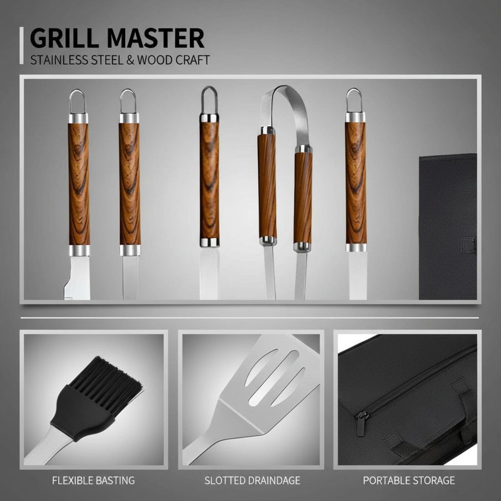 BBQ-Grillwerkzeug-Set, 5-teilig aus Edelstahl, Grillbesteck mit Holzgriffen und Tragetasche, für Outdoor-Kochen und Camping, Maße 15,35 x 4,92 x 1,97 in, Gewicht 1,7 lbs