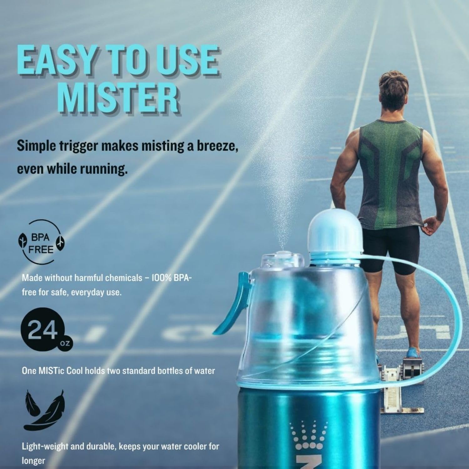 Aluminum Sports Mister Spray Bottle with 2-in-1 Mist and Sip | 24oz BPA-Free & Leak-Proof Portable Water Bottle Mister for Running & Workout | Reusable Cool Mist Spray Bottle for Fitness & Sports - Image 3