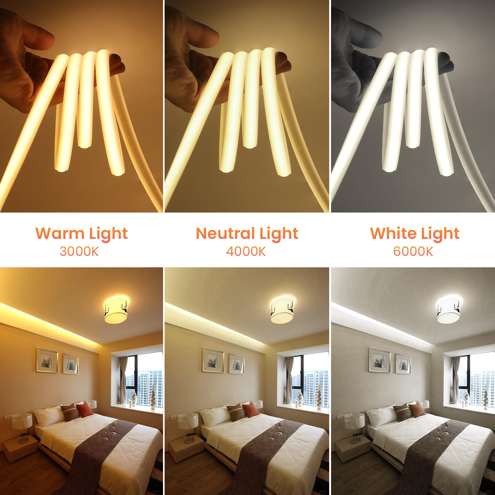 220V Néon Ruban à LED 17m,288LEDs/M Neon COB LED Strip Light,23 clés IR Dimmable Rope Lights,750W Flex Waterproof Neon Bande Lumineuse for Indoors Bedroom TV Backlight Cabinets DIY Decor