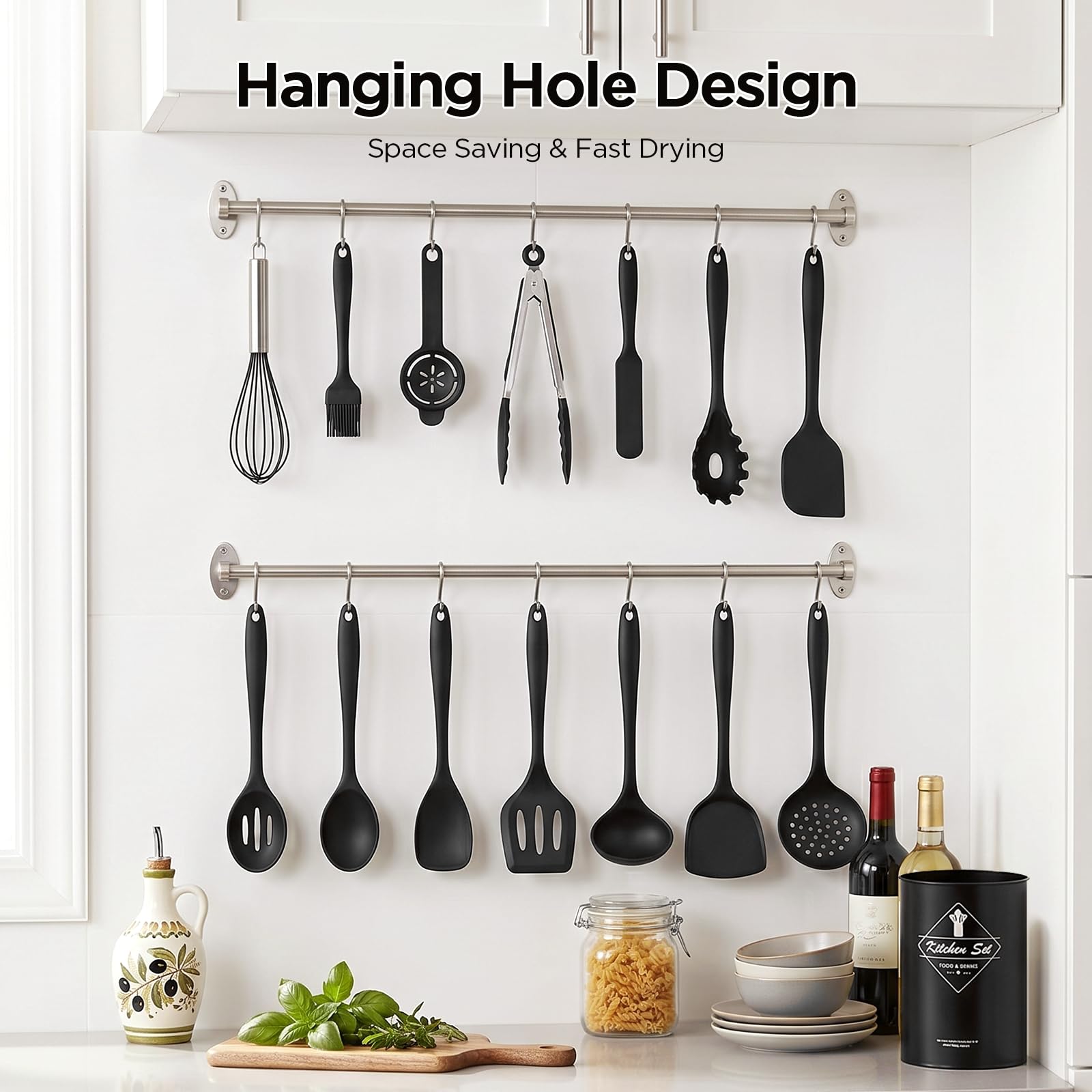 AiQInu 15 Pezzi Set utensili Cucina Silicone, Set Utensili Cucina in Silicone Alimentare & Acciaio Inossidabile con Secchio di Rangement, Resistenti al Calore e Antiaderenti Set Mestoli