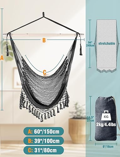 Miniatura 62 de Chihee Silla de hamaca súper grande, sillas colgantes de cuerda de algodón hilado suave, plegable y resistente, barra separadora de metal, asiento