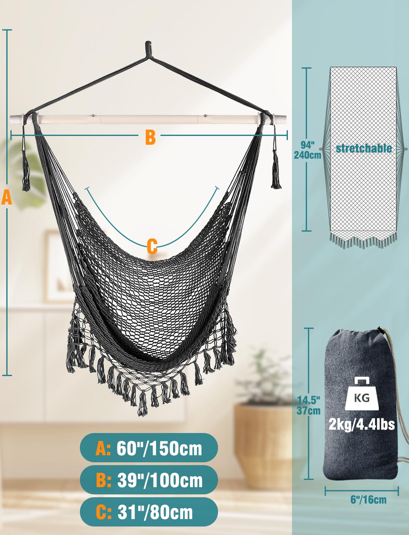 Chihee Hängesessel handgefertigter Hängesessel aus Baumwollseil gewebter Sitz weich gesponnen große Dehnbare Hängematte, zusammenklappbar stabile Metallspreizstange, Elegante Tassel drinnen draußen