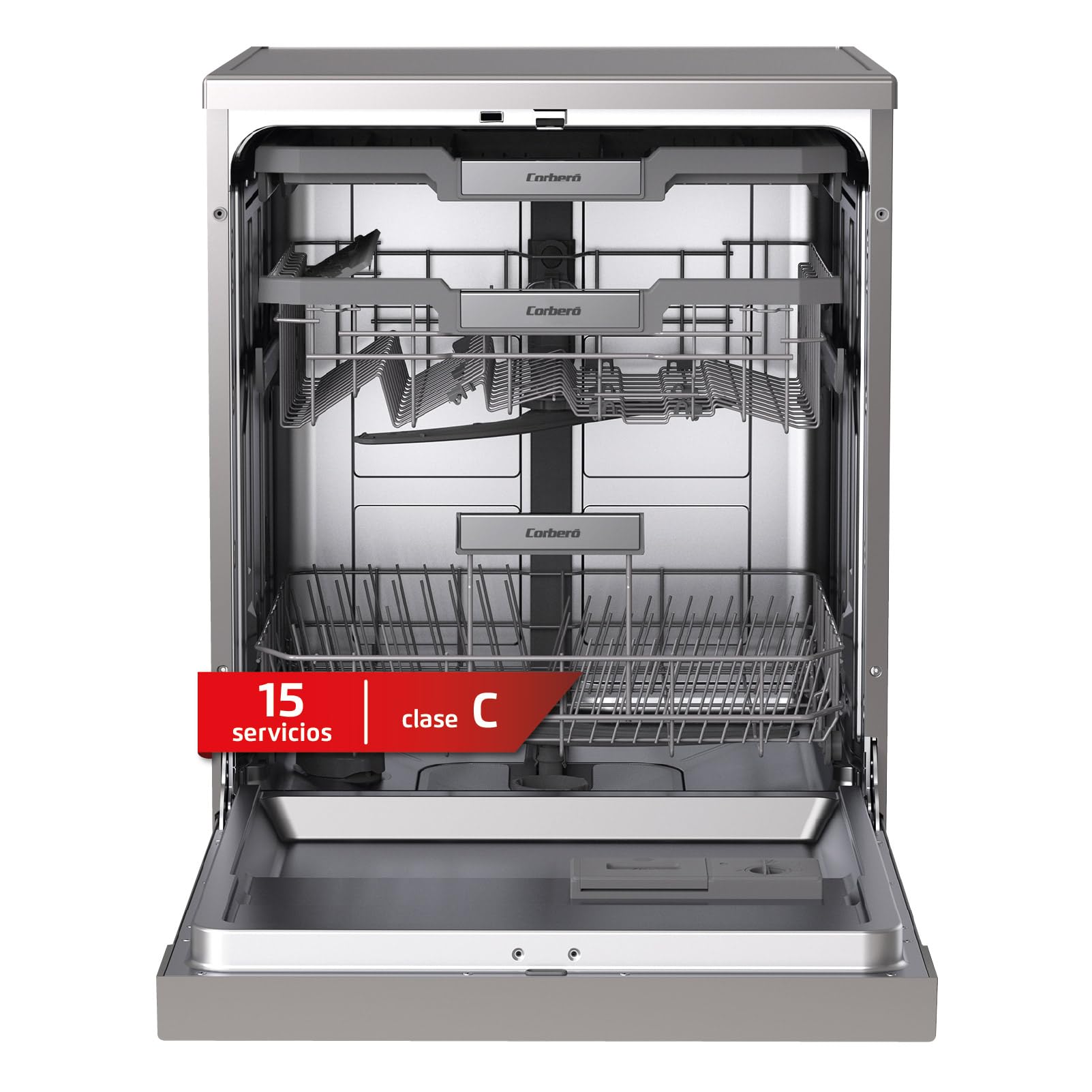 Corberó - Lavavajillas Excellence 60cm | CLVG91536X | 15 cubiertos | 6 programas | 4 Temperaturas | Display LED | Tercera Bandeja | Autoapertura y Zona Dual | Compatible con tablets 3 en 1 | Inox