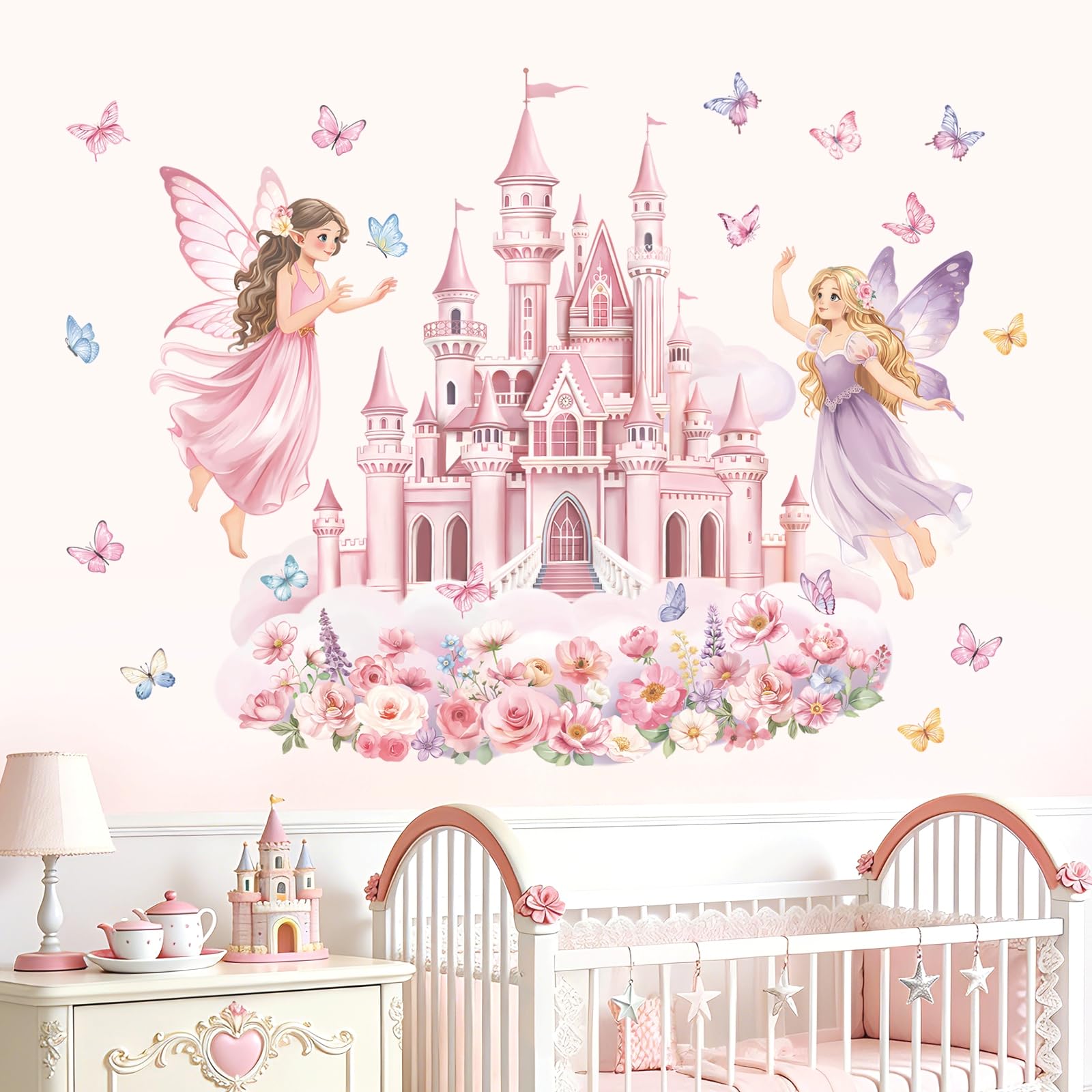 decalmile Stickers Muraux Château Rose Fille Fée Autocollant Mural Fleur Papillon Rose Décoration Murale Bébé Fille Chambre Enfants Pépinière - 3