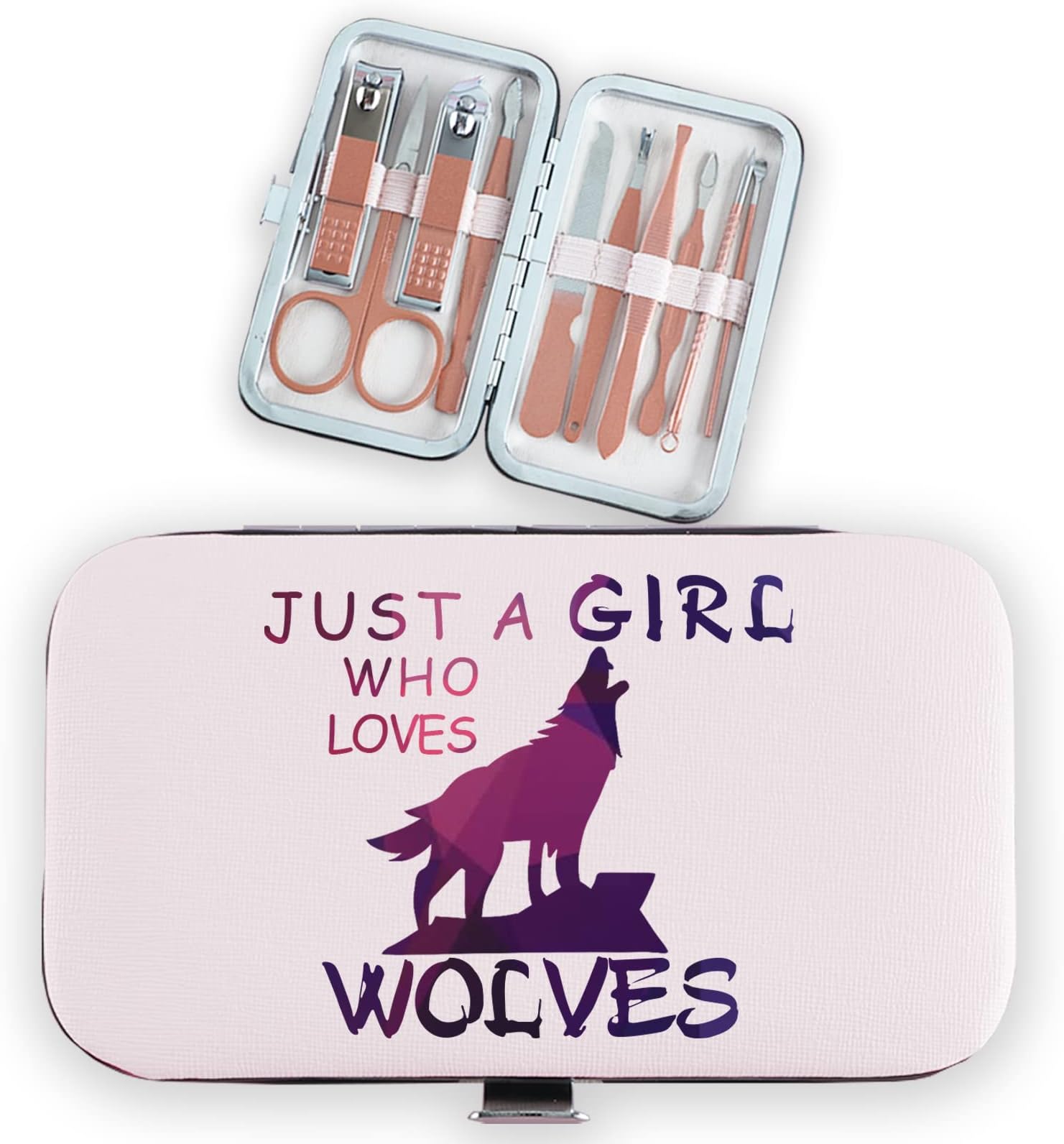 Wolf Gifts for Girls 10pcs Women Travel Manicure Pedicure Grooming Set Rose Gold Just a Girl Who Loves Wolves Birthday Graduation Inspirational Christmas Gifts for Wolf Lovers Daughter Granddaughter