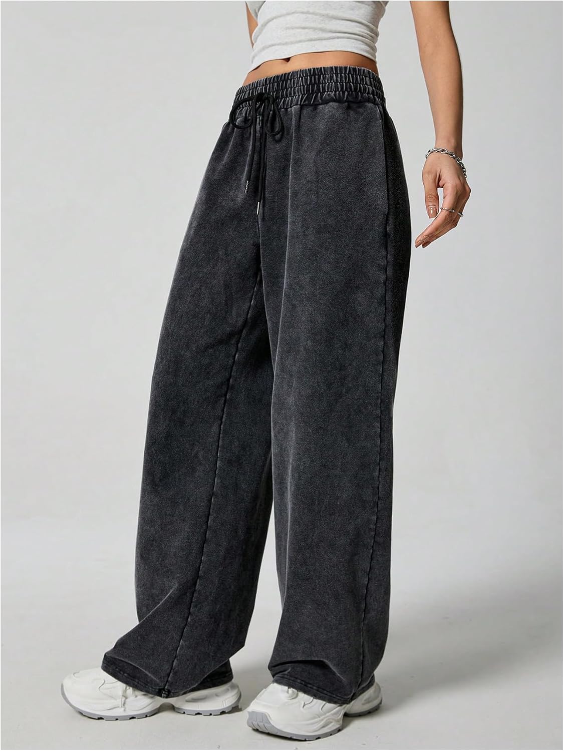 Women's Washed Wide Leg Sweatpants Elastic Waisted Casual Pants Streetwear Pants - Image 4