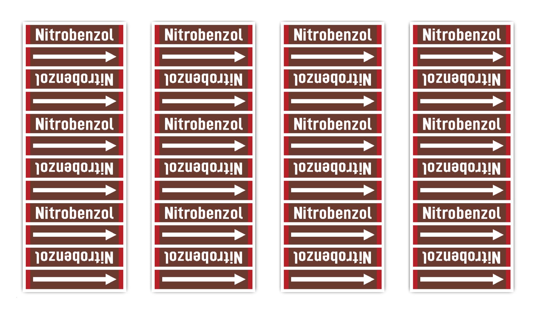 Stickers: 75 x 25 mm, Pack of 4 - Group 8 - Flammable Liquids - Banderole - Pipeline Marking - According to DIN 2403 - Language: German - Nitrobenzene