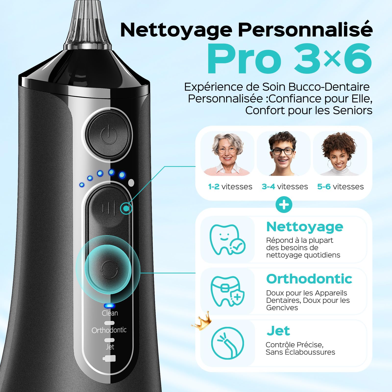 COSLUS C51 Jet Dentaire Hydropulseur Irrigateur Oral: 3 Modes & 18Niveaux, Pic Dentaire Eau pour Orthodontie, Appareil Dentaire, Gencives Sensibles, Compact pour Voyage, Noir Brillant