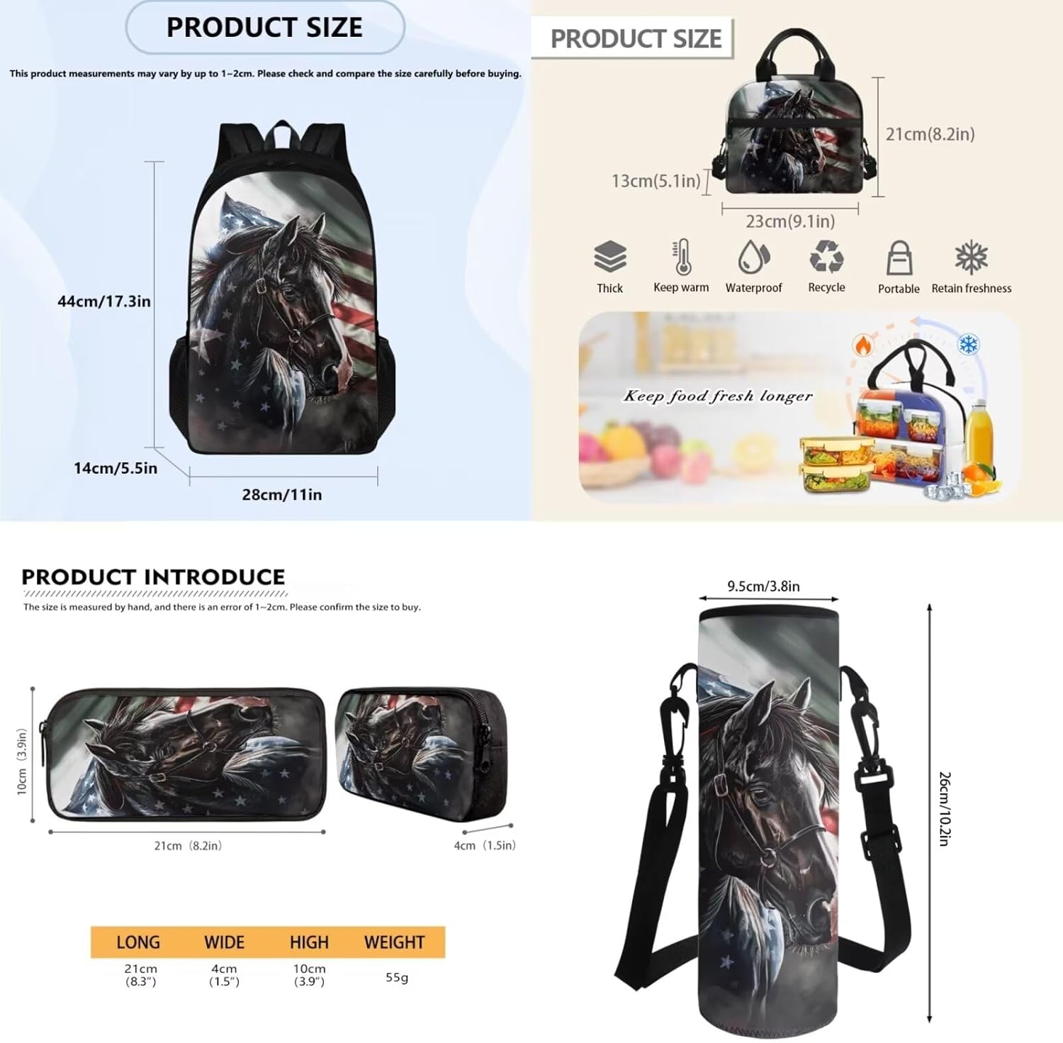 American Flag Horse Student Backpack, Portable Kids Student Bookbag with Water Bottle Sleeve Lunch Box Pencil Case for School, Back to School Gift for Boys Girls