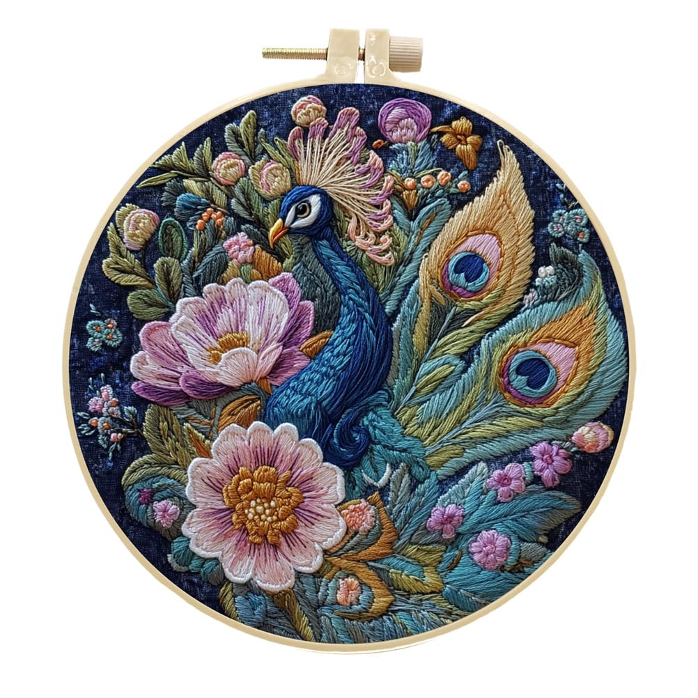 Meecaa Embroidery Kit Starter Set, Peacock Animal Flower Hand Embroidery Set, Pattern Printed Cross Stitch Set for Beginner Adults, with Embroidery Hoop and Instructions (Peacock 4)