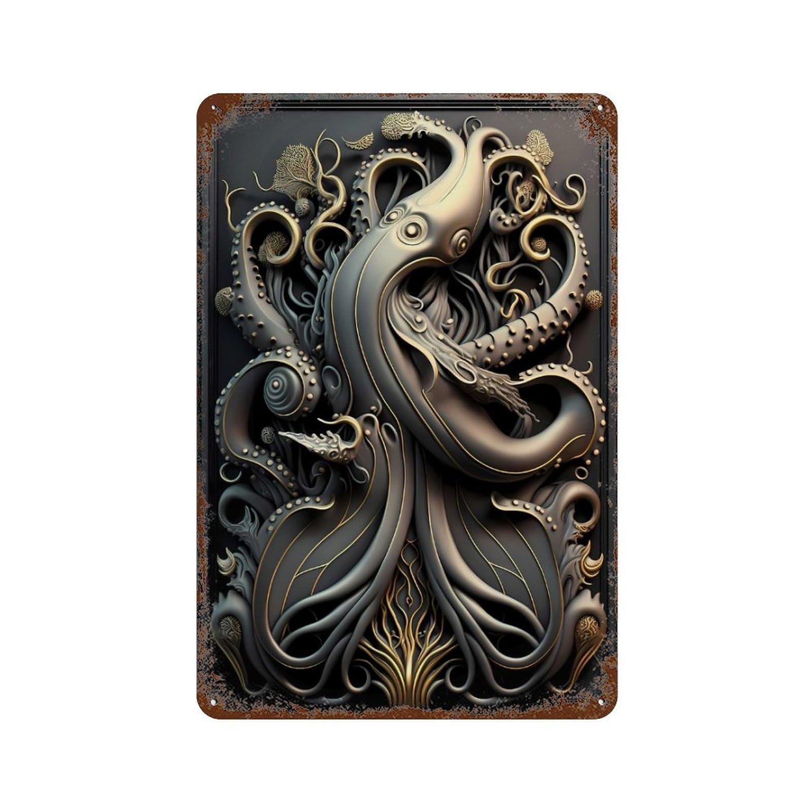 Octopus Golden Art Deco 11.8"x7.9" Weathered Tin Sign, Shabby Chic Decor for Farmhouse, Kitchen And Entryway Decor