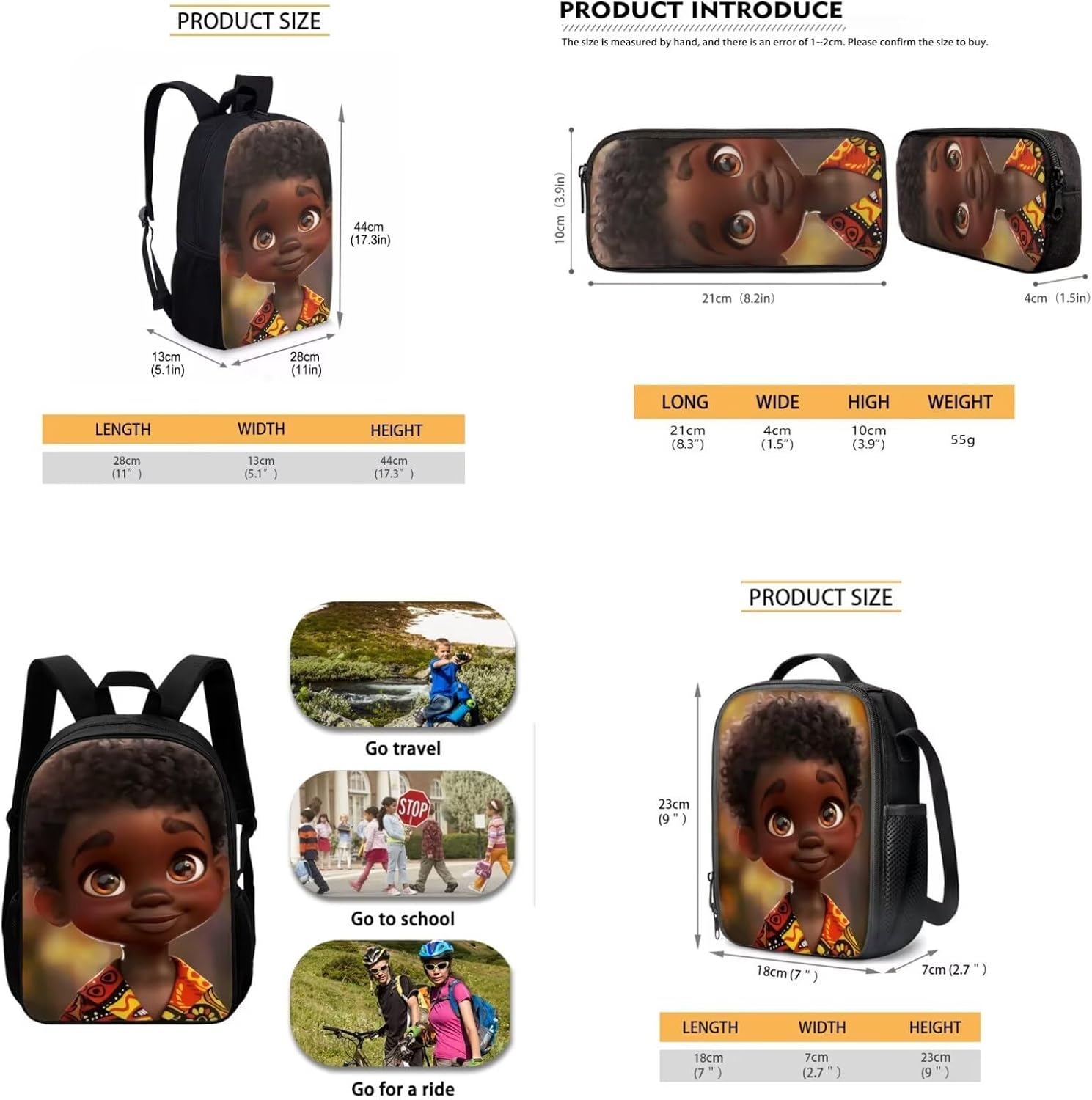 African Boy Backpack Set Laptop Bookbag Travel School Bag with Insulated Lunch Box Pencil Case for School African American Bookbag for Elementary Middle Student