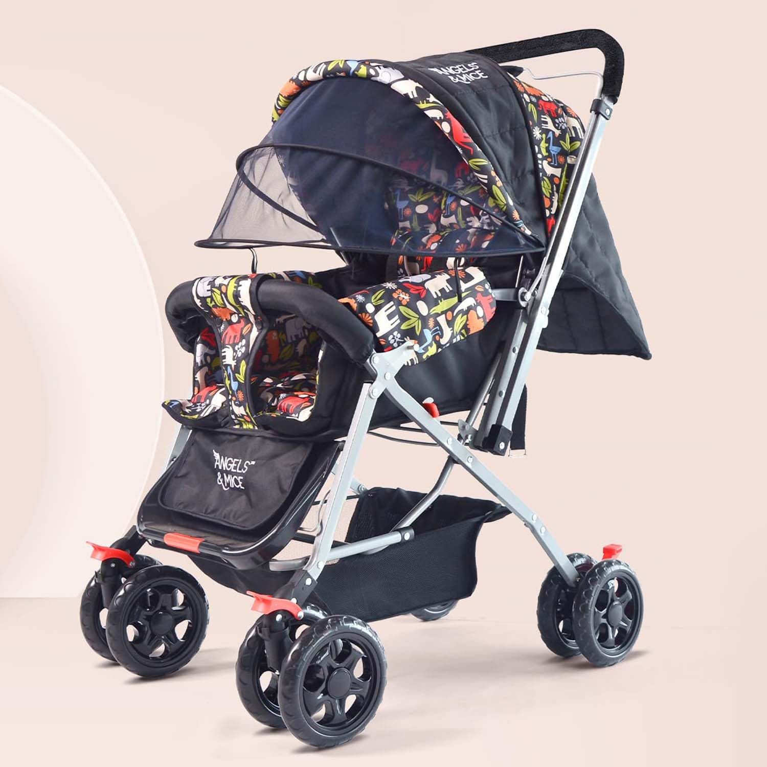 Wonder Cruise Baby Stroller/Pram for 0 to 3 Years, New Born/Kids, 5 Point Safety Harness, Adjustable backrest, 360° Swivel Wheel, Large Storage Basket, Reversible Handle, Mosquito Net, Back storage ( Jungle Joy) (Black)-image-41