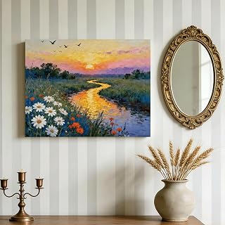 Impressionist Style Landscape Wall Art, Red Poppy Field Oil Painting, Wildflower Meadow Canvas Artwork for Living Room Dining Room Wall Decor, 8x10 Inches